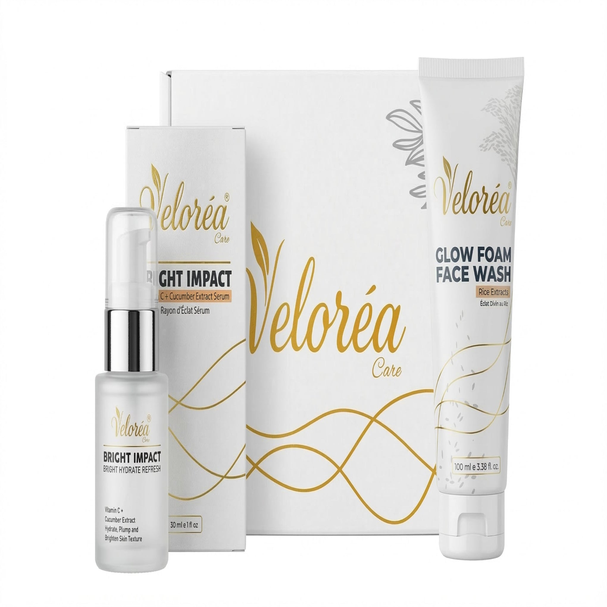 Veloreá skincare product set including serum, cream, and face wash on a white background
